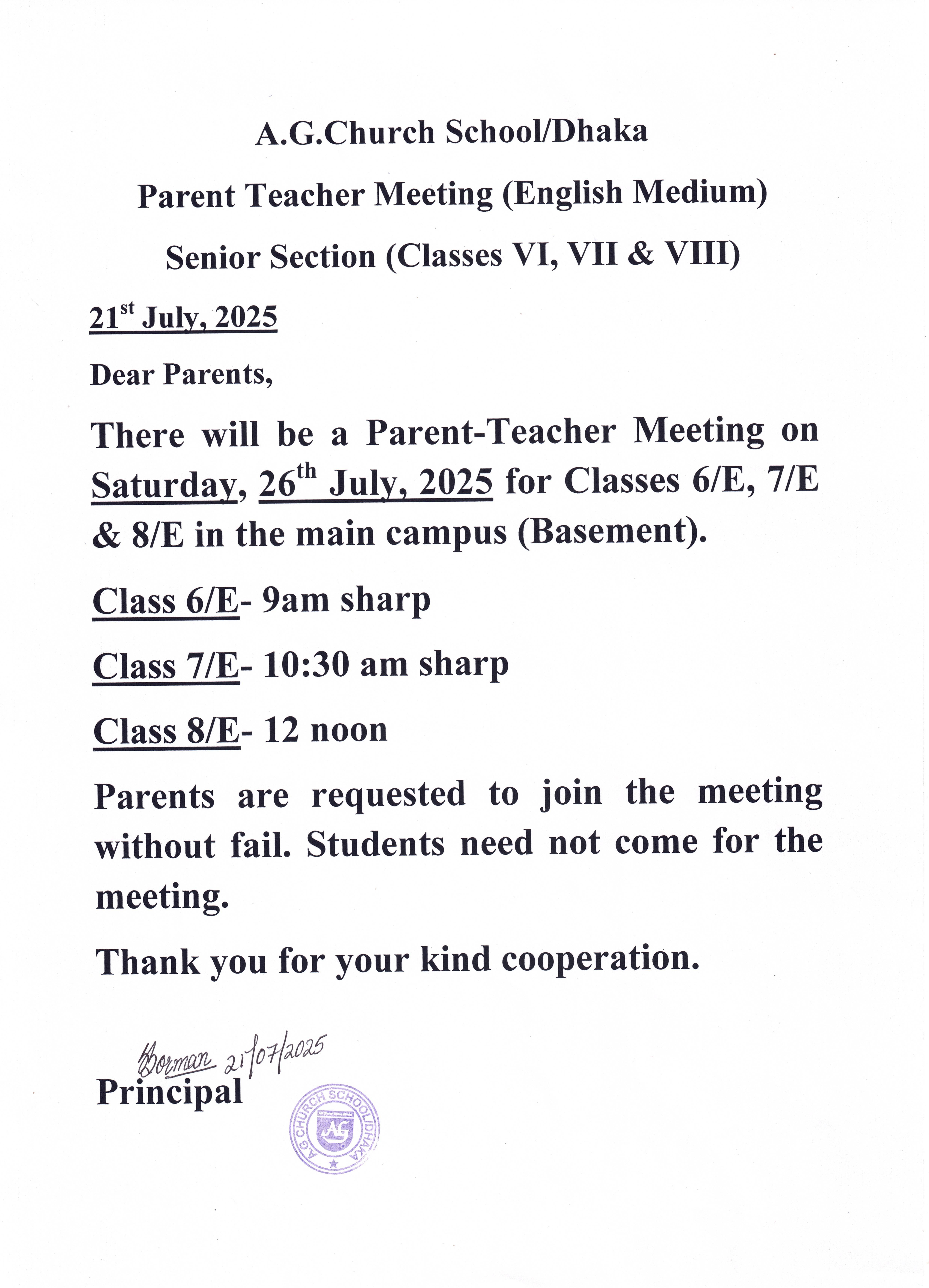 Parent Teacher Meeting (English Medium) Senior Section, Class VI, VII & VIII